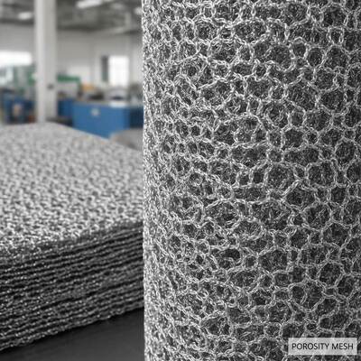 Porosity 40 to 90 percent knitted mesh featuring irregular hole shape used in filtration cartridges and protective barriers